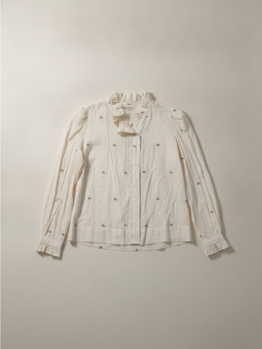 Ruffle Collar Embroidered Button-Down Blouse - White